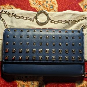 Valentino Garavani Blue Calfskin Rockstud Secret Carry wallet with chain